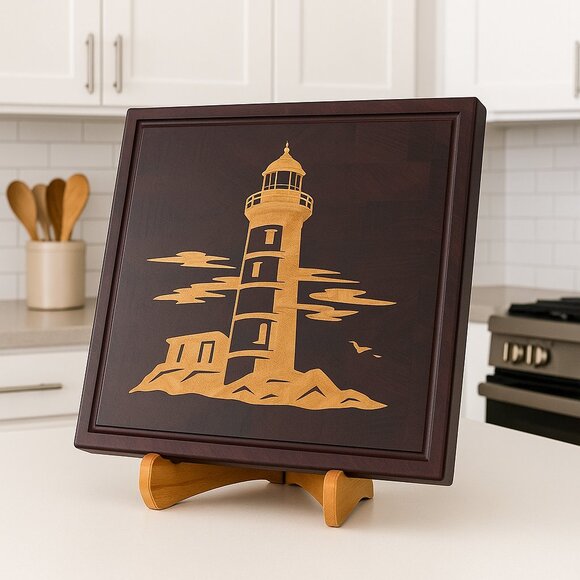 Purpleheart End Grain Cutting Board with Maple Lighthouse - Picture 3 of 5